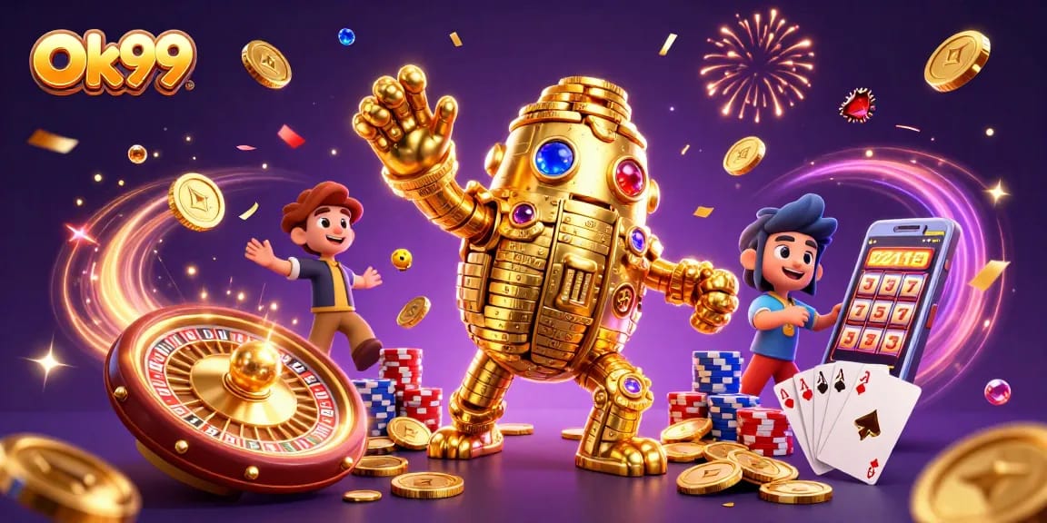 Engage in thrilling gaming adventures at Ok99 with a vibrant 3D casino scene featuring captivating characters and elements.