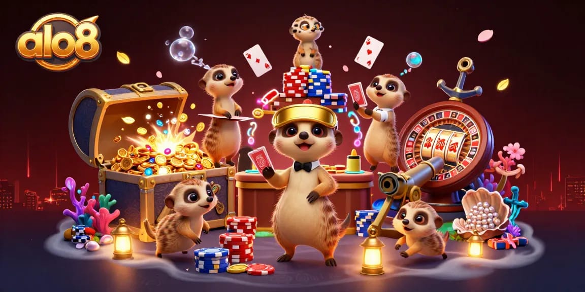 Experience the excitement of alo8 with meerkats managing a dynamic casino scene, including poker and roulette!