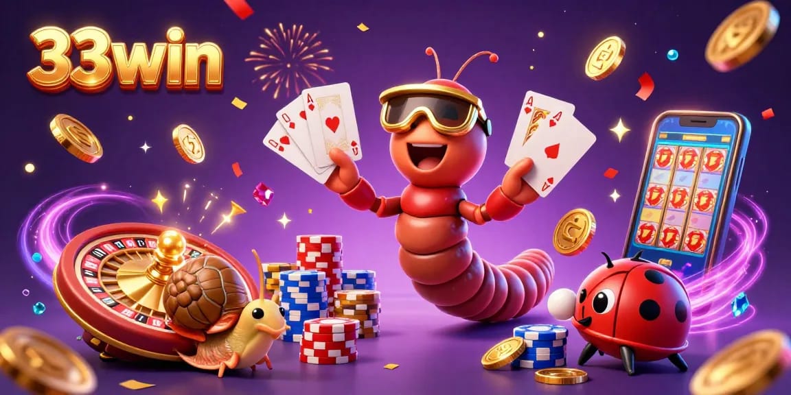 Win big with 33win as cartoon characters engage in vibrant casino activities and excitement.