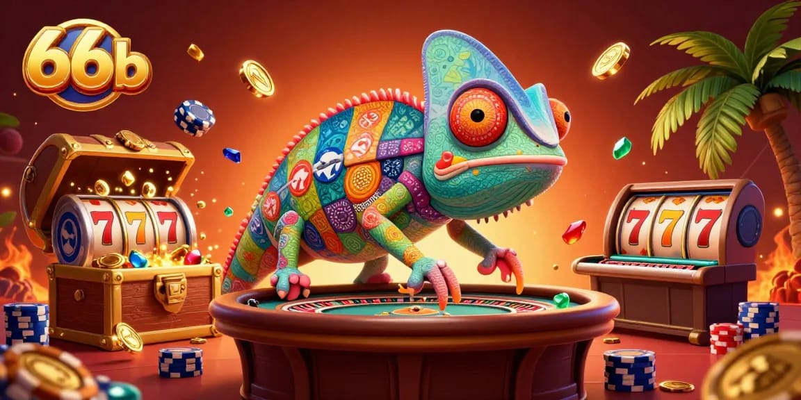 Experience excitement with 66b at the vibrant casino scene filled with gold coins and playful characters.