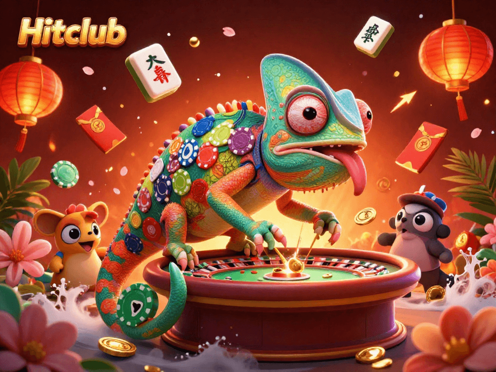 Hitclub chameleon casino owner catching golden coins in a vibrant casino scene.