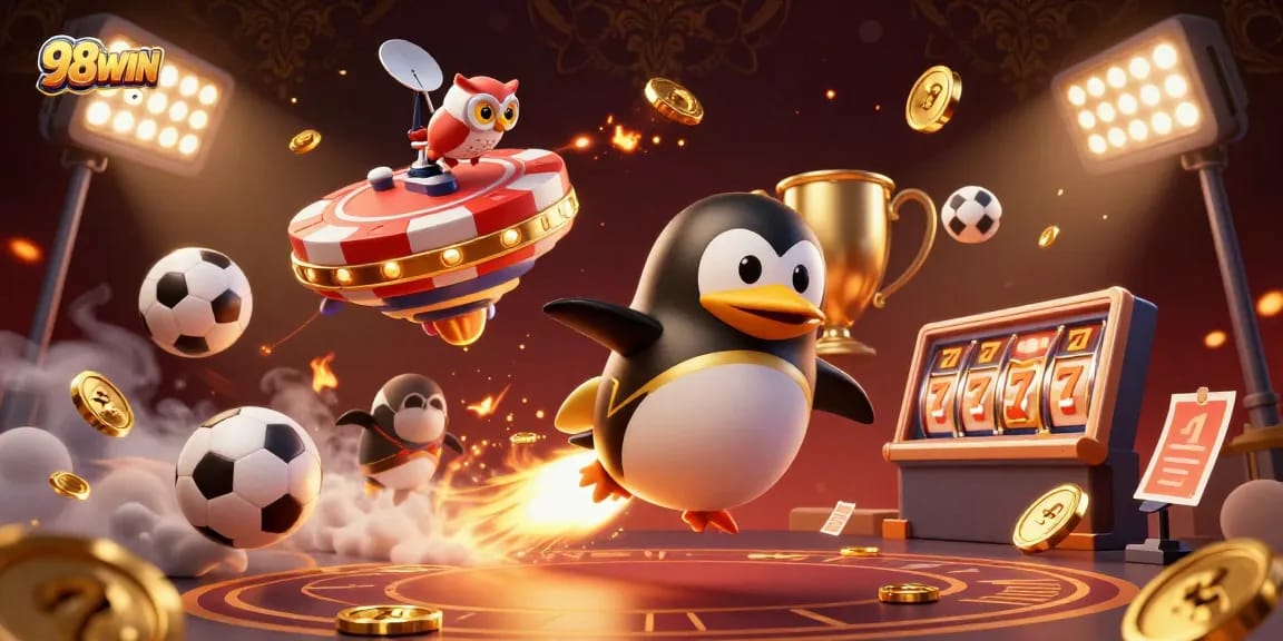 Bet on excitement with 98WIN's vibrant 3D illustration featuring a golden penguin and dynamic casino elements.