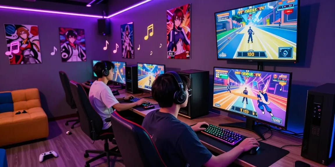 Engaged gamer enjoying a real ecchi game in a vibrant lounge