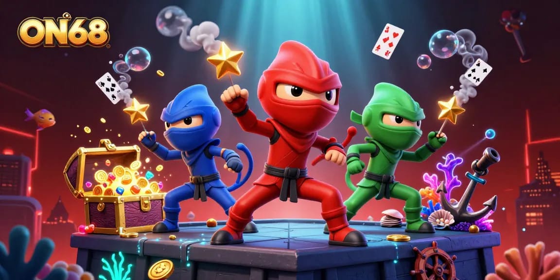 Engage with ON68 as a 3D ninja chameleon team spins in action surrounded by casino-themed treasures.
