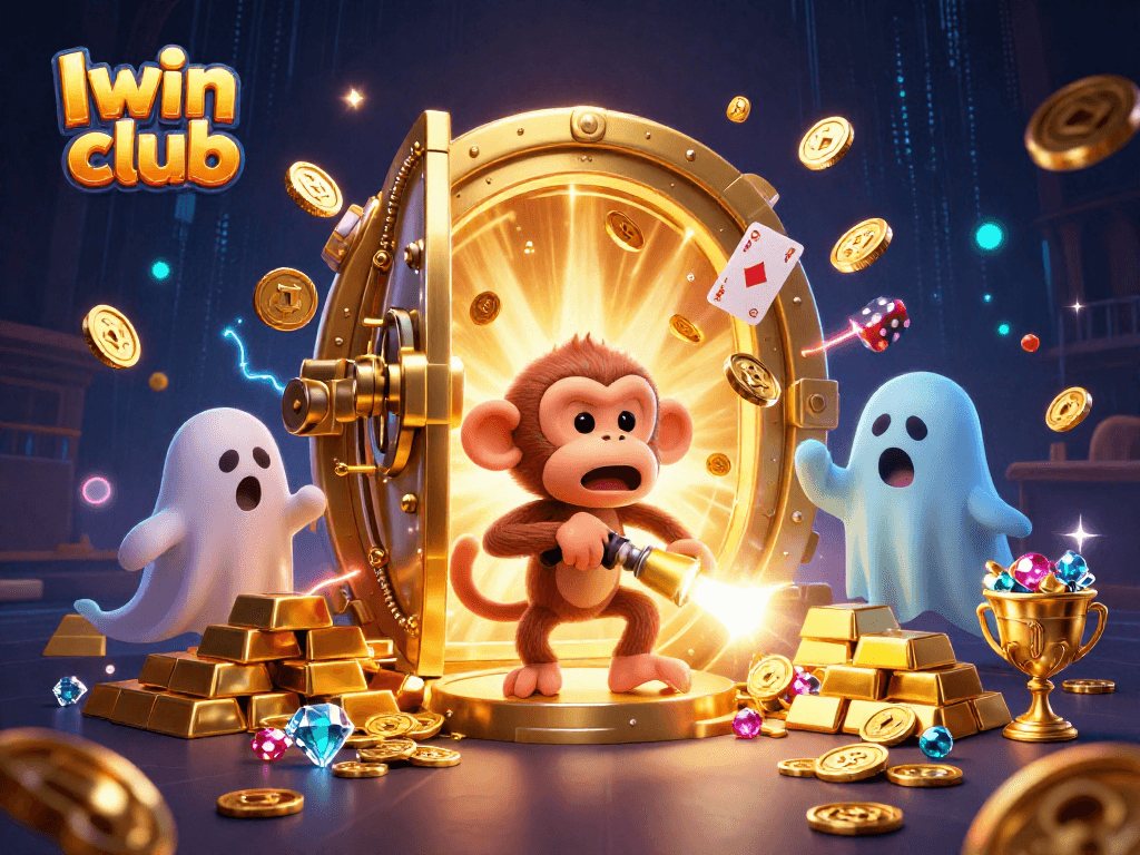 Experience the thrill of Iwin club with a poltergeist monkey juggling gold in a haunted casino scene.