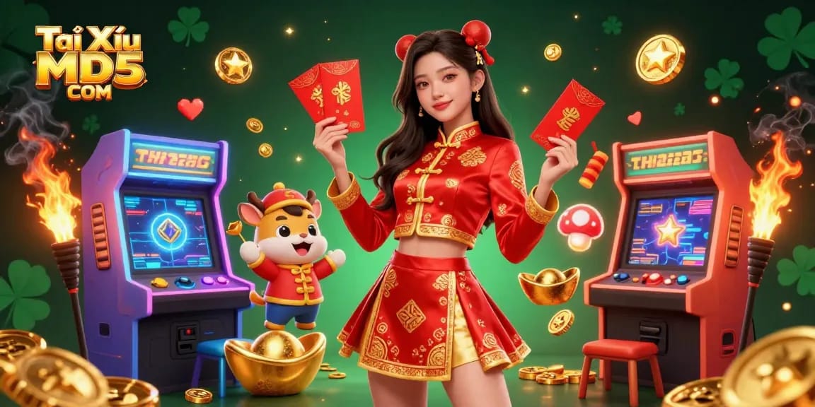 Experience excitement at Tài Xỉu MD5 COM with festive characters and dynamic gaming elements in a vibrant casino scene.