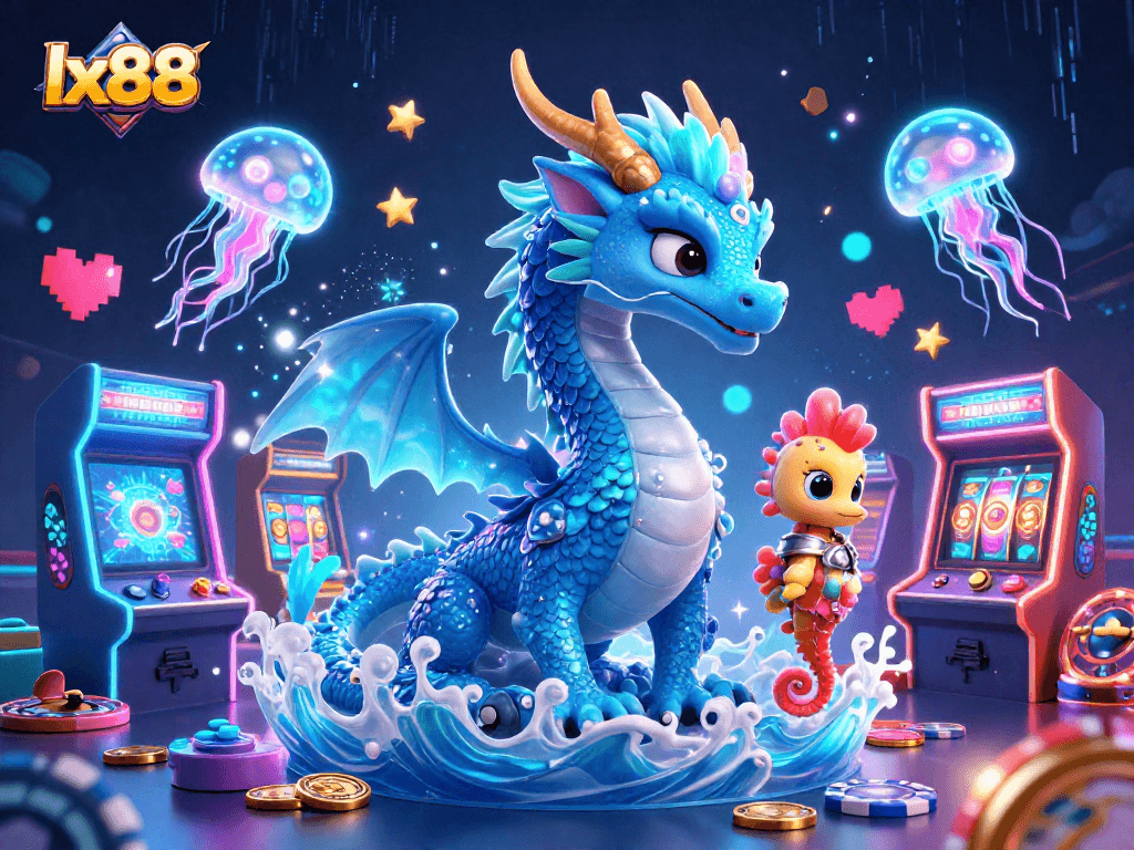 Experience vibrant gaming action with lx88 featuring a dragon, knight, and jellyfish in a casino.