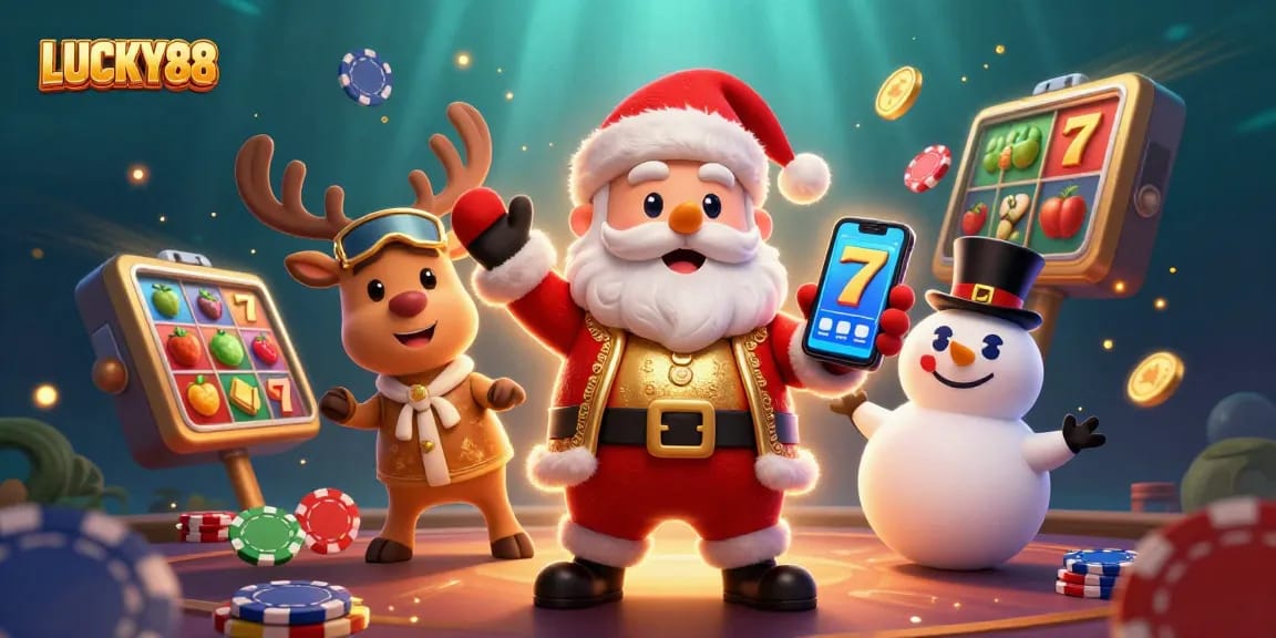 Engage in the excitement of LUCKY88 with Santa, his reindeer, and a snowman in a dynamic casino scene.