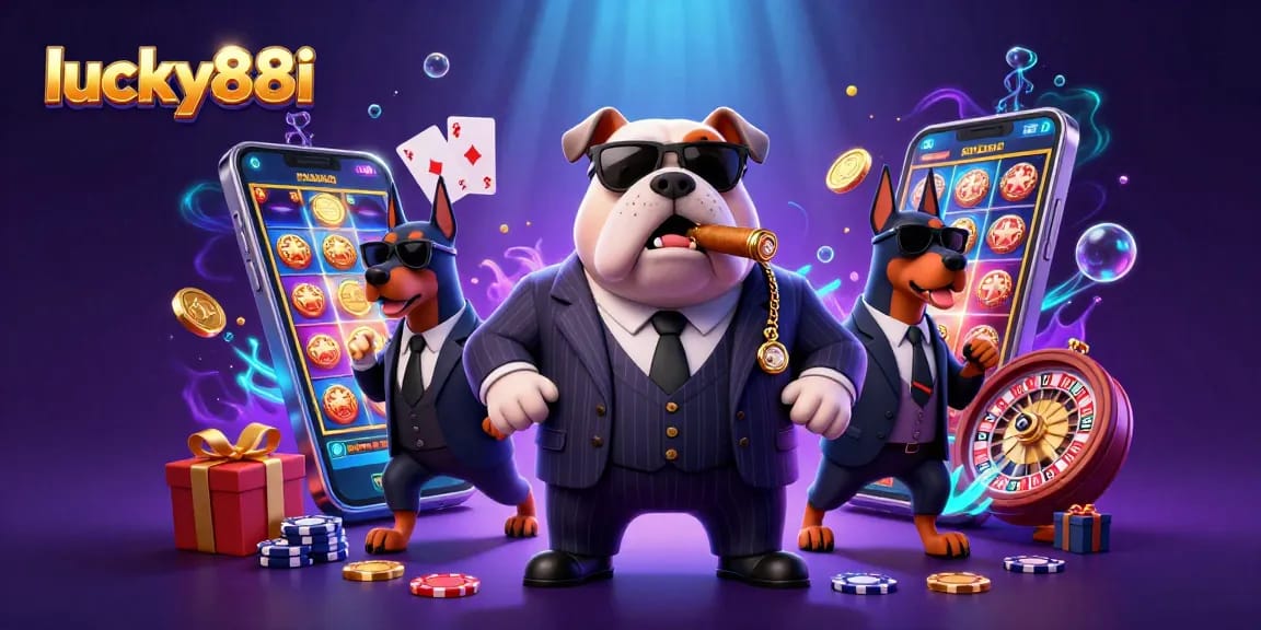Experience the thrill of gaming at lucky88i with a 3D illustration of a mafia bulldog and Dobermans amidst vibrant casino elements.