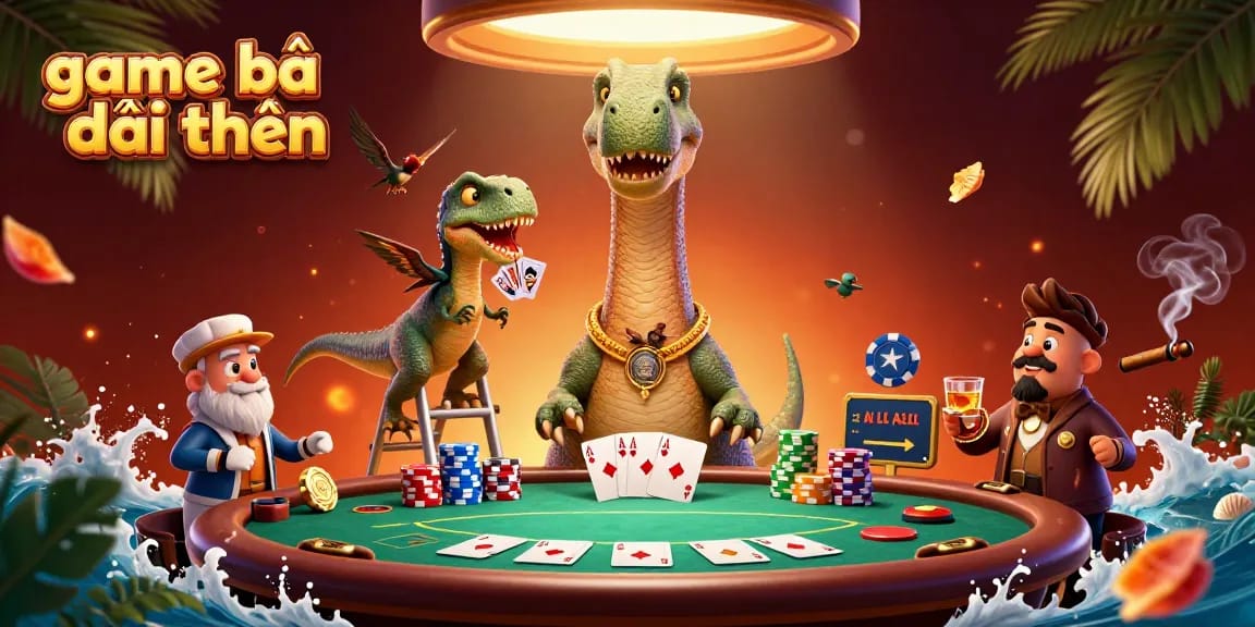 Engage in exciting game bài đổi thưởng strategy with massive poker chips and a unique dinosaur-themed scene.
