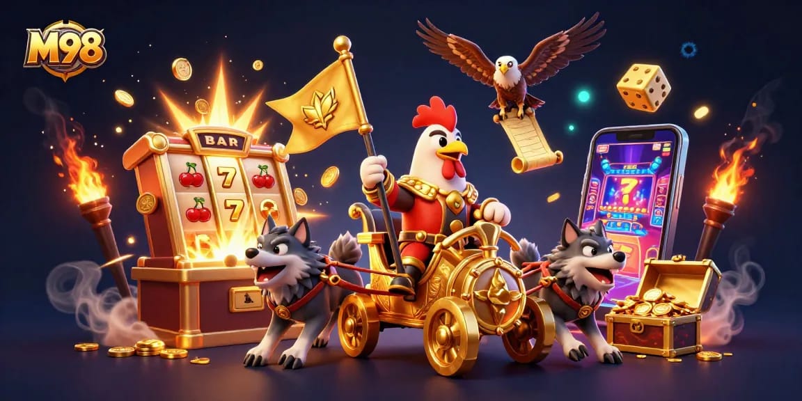 M98 offers thrilling slot play as the rooster warlord and wolves conquer the casino world!