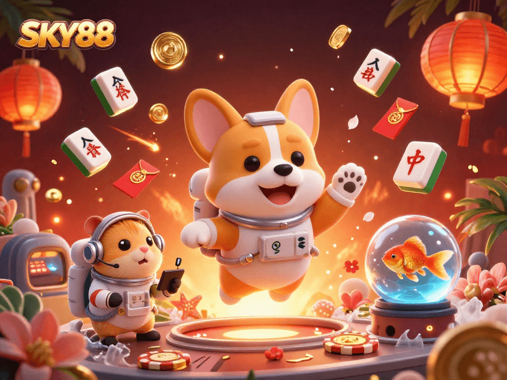 Engage in thrilling gaming adventures at SKY88 with exciting casino elements and vibrant characters.