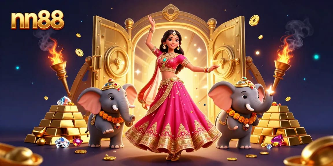 Experience rich gaming at nn88 with a lively 3D casino scene featuring vibrant characters and treasures.