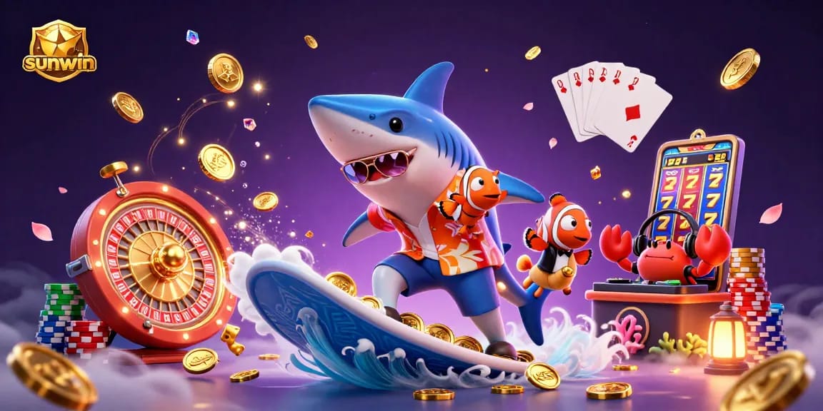 Spin with sunwin as a hammer-head shark surfs on golden coins, showcasing exciting casino elements.