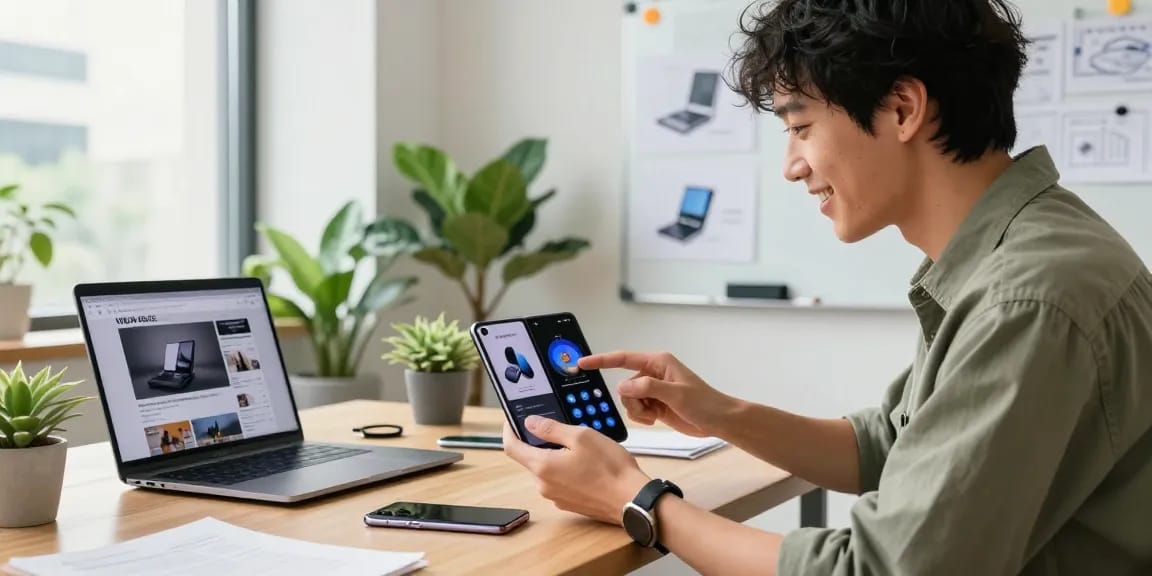 Enthusiastic tech enthusiast exploring foldable phones 2026 in a bright modern office.