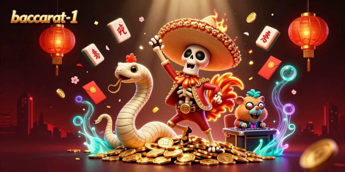 Baccarat-1 features a vibrant casino scene with a victory dance on golden coins, highlighting the excitement of online gaming.