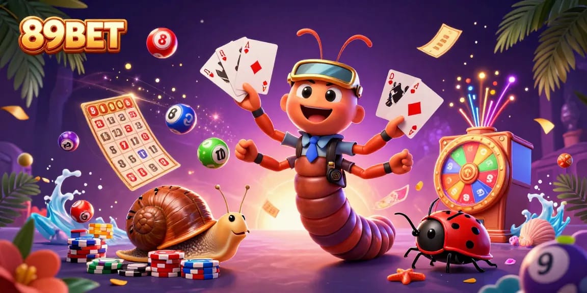 Experience the thrill of 89BET with colorful lottery elements and dynamic casino characters in an engaging scene.