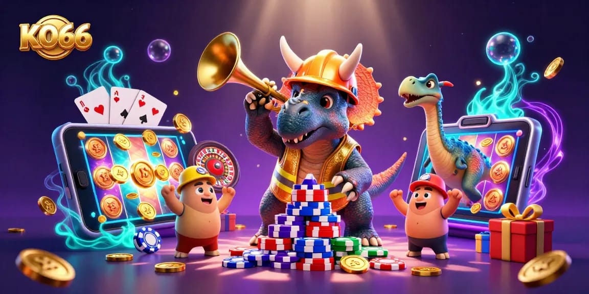Experience KO66 casino excitement with a triceratops building poker chips and celebratory elements.