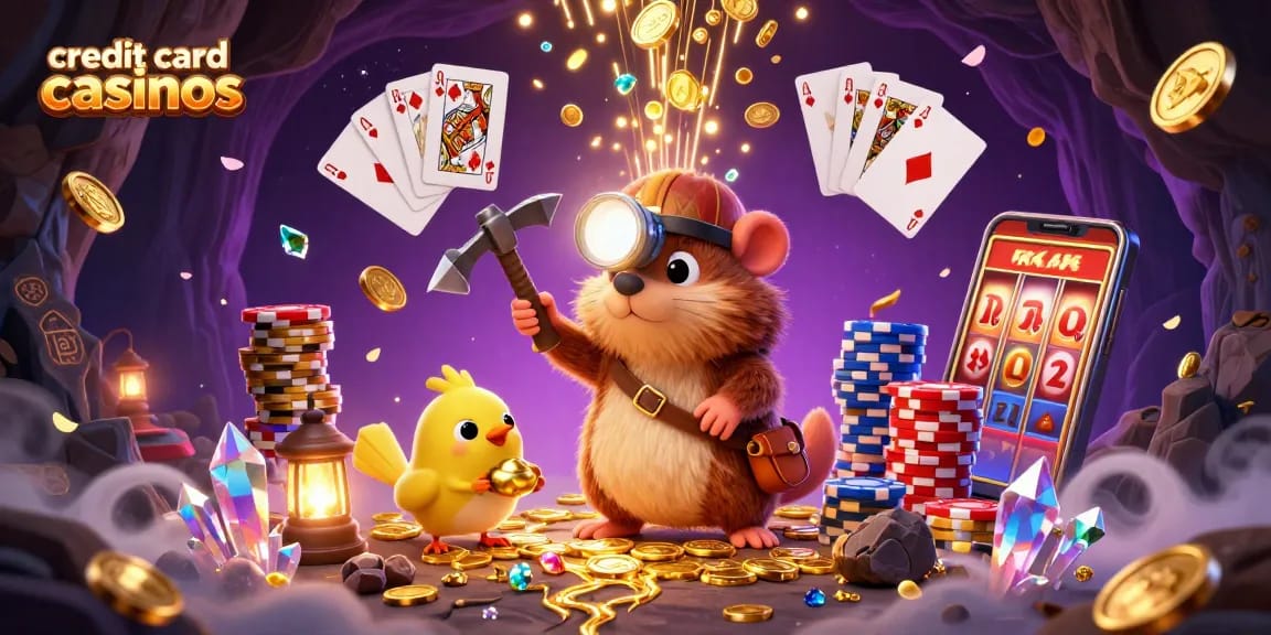 Experience the fun of credit card casinos with animated characters mining treasures in a dazzling casino scene.