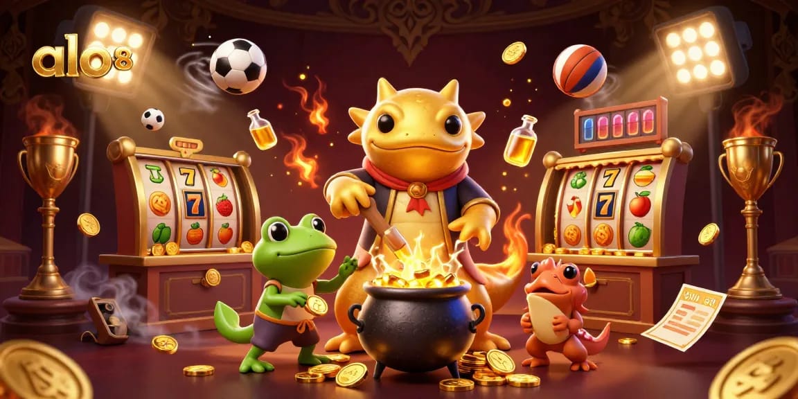 Alo8 engages players with a dynamic scene featuring a golden salamander alchemist in a casino atmosphere.