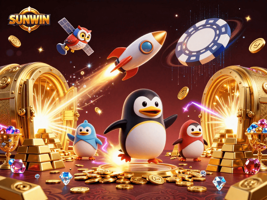SUNWIN showcases a dynamic universe with a 3D cartoon penguin, casino elements, and treasure chests.