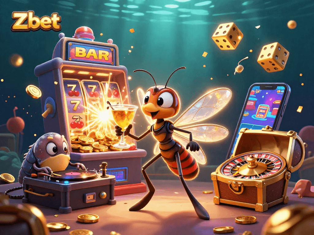 Zbet casino illustration with vibrant slot machines, featuring characters and golden elements, showcasing an exciting gaming environment.