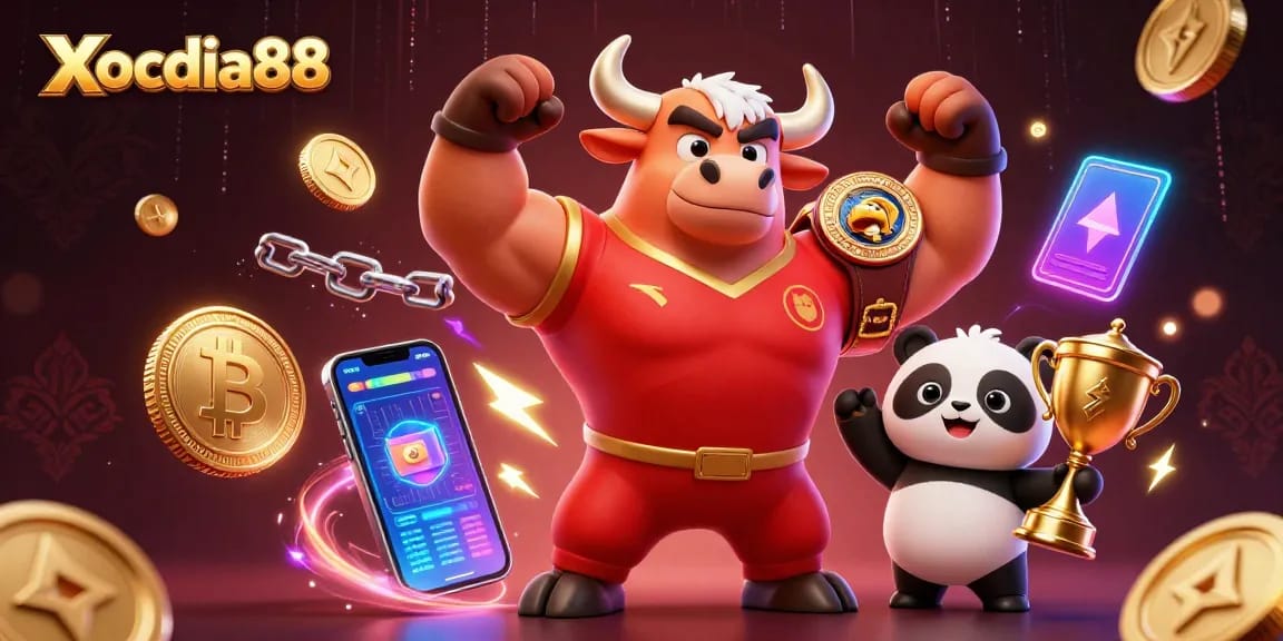 Xocdia88 showcases a bull mascot, eagle, and panda amidst dynamic casino elements celebrating victories.
