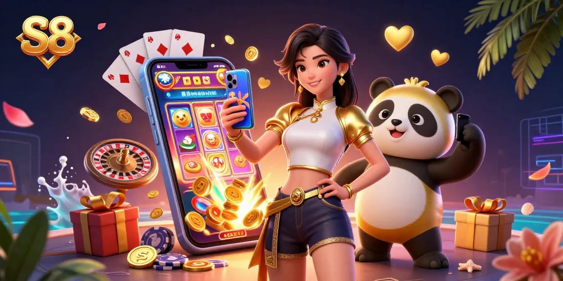 S8 casino scene featuring an Asian woman with a smartphone and panda mascot surrounded by golden coins and vibrant game elements.