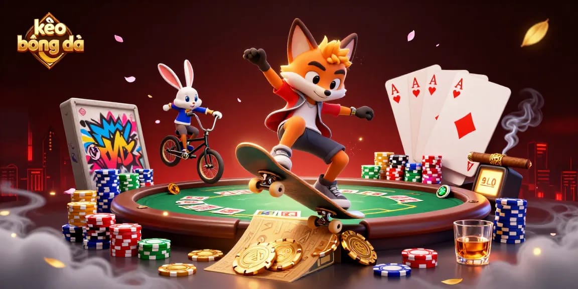 Experience thrilling kèo bóng đá action with vibrant characters and casino symbols in this dynamic scene.