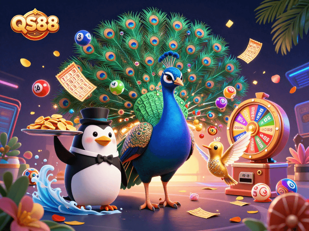 Engage in thrilling QS88 gaming with a vibrant scene showcasing casino spirits, colorful elements, and exciting prizes.