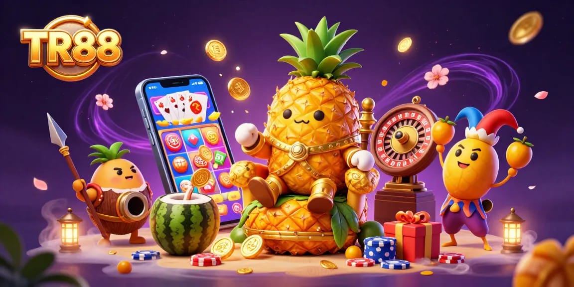 Engage with TR88's dynamic casino scene featuring themed characters and gold coins in a vibrant setting.