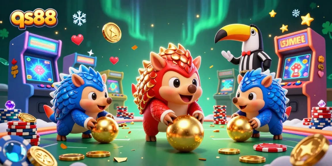 Shoot for winning combinations with qs88's gambling fun featuring animated pangolins and poker elements.