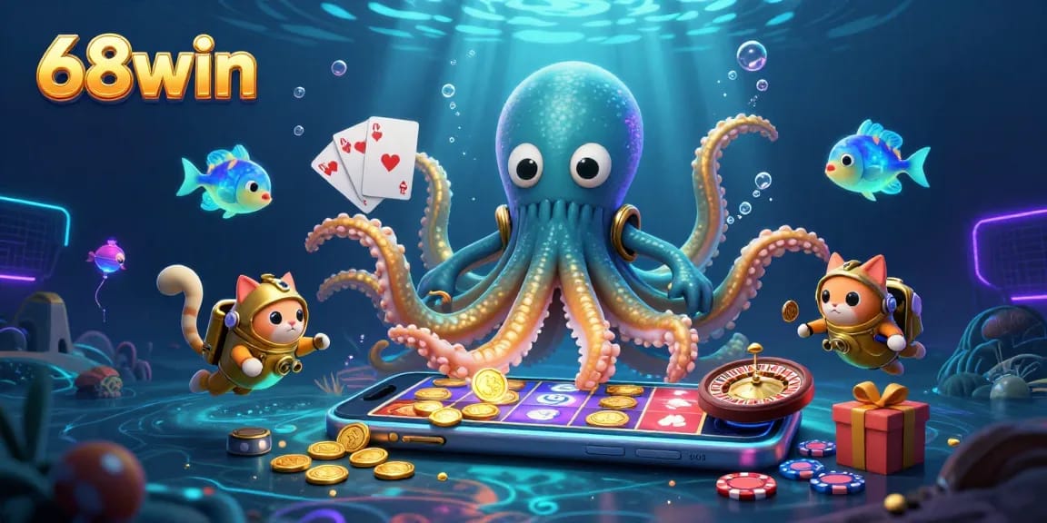 Experience the thrilling adventures at 68win with the kraken and a diving cat among dazzling casino games.