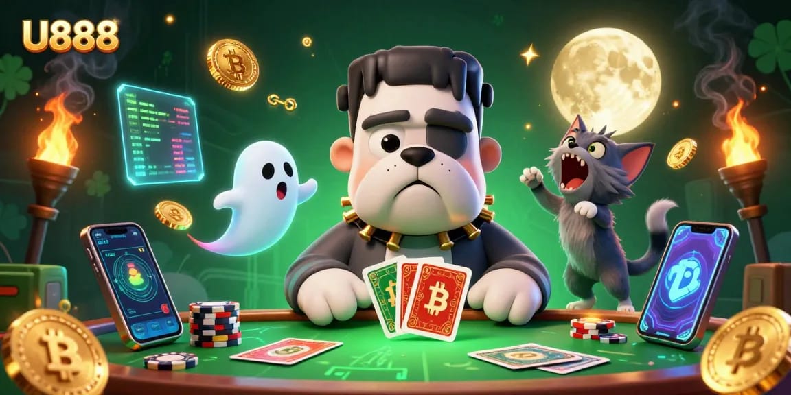 Experience thrilling games at U888 with a dynamic cartoon scene featuring unique characters and casino elements.