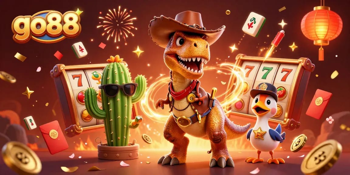 Experience thrilling wins with go88 at the lively slot scene featuring a cowboy dinosaur.
