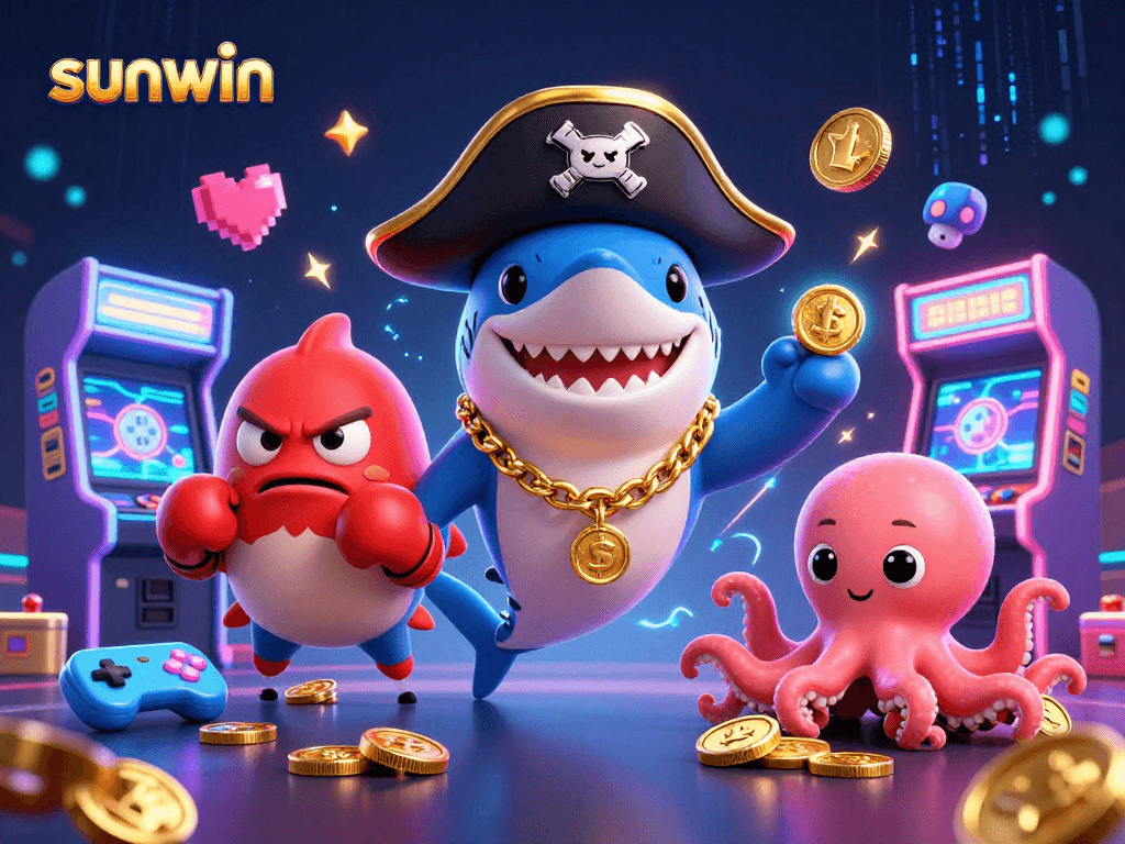 Experience the exciting world of sunwin with a dynamic 3D illustration of a pirate shark and friends amid colorful casino elements.