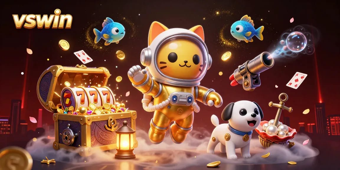 Experience the excitement of vswin with a vibrant 3D illustration of a space-themed casino adventure.