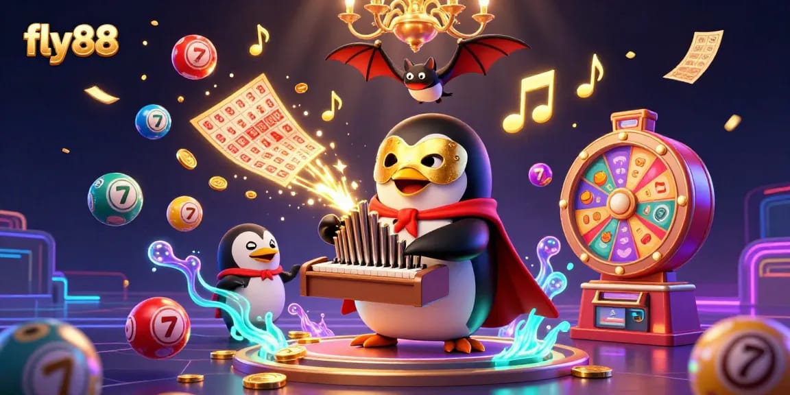 Fly88 showcases an exciting casino scene with a penguin playing an organ, firing golden coins.