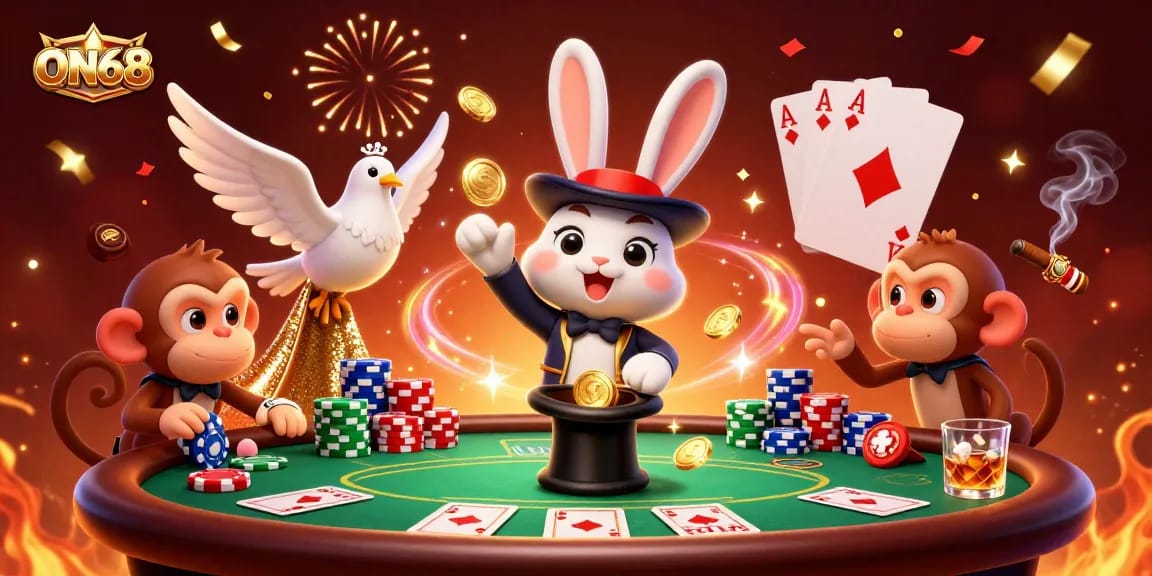 Experience the excitement of ON68 casino with a magician rabbit, dove, and monkey amidst poker chips.