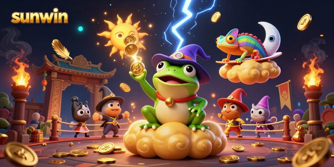 Experience the excitement at sunwin with a vibrant illustration of a wizard frog, chameleon, and gold coins.