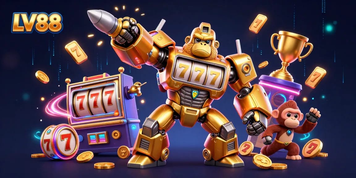 Play at LV88 with a dynamic illustration of a golden gorilla mech surrounded by slot machines and jackpot elements.