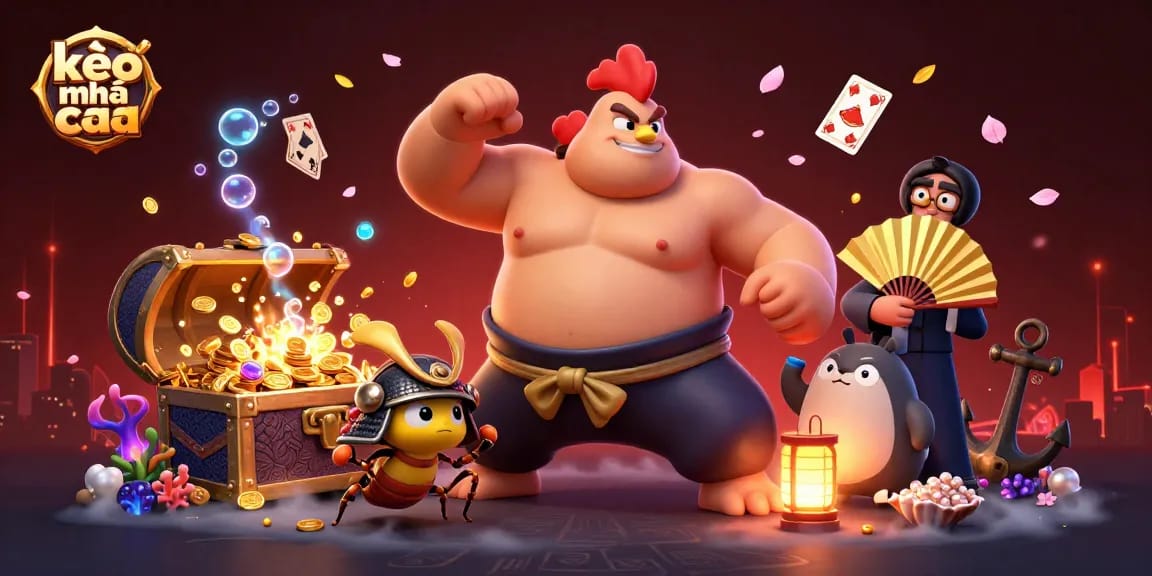 Engage with kèo nhà cái as the cartoon sumo wrestler stomps surrounded by dynamic casino elements.