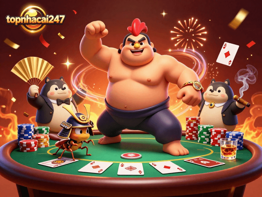 topnhacai247 showcases a powerful sumo rooster, cricket, and tanuki in an exciting poker scene.