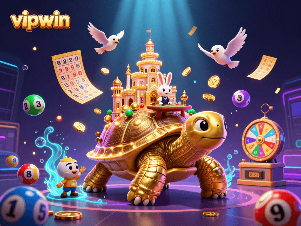 Experience thrilling casino action with vipwin as a golden tortoise hosts a lively game table.