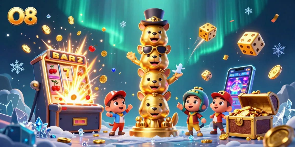Engage in thrilling gameplay at O8, featuring vibrant illustrations of jackpot symbols and an exciting casino atmosphere.