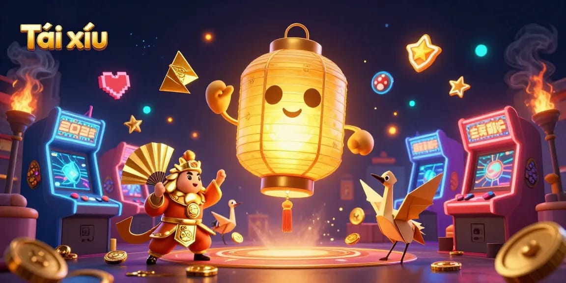 Tài xỉu players cheer for wins amid glowing arcade machines and lucky symbols at a vibrant casino scene.