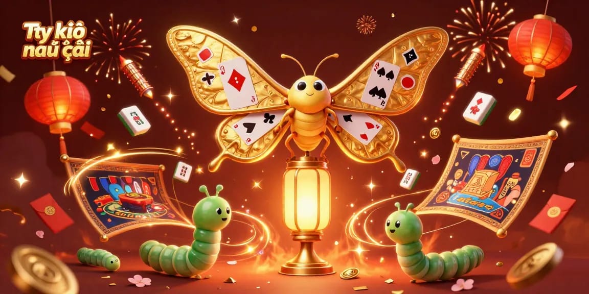 Tỷ lệ kèo nhà cái shows a vibrant casino-themed scene with an atlas moth and floating Mahjong tiles.