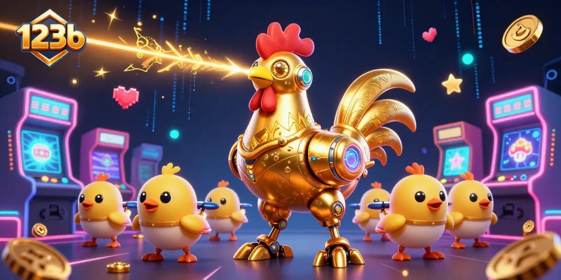 Experience the thrills of 123b with an epic 3D gaming showdown featuring a gold rooster and baby chick drones.