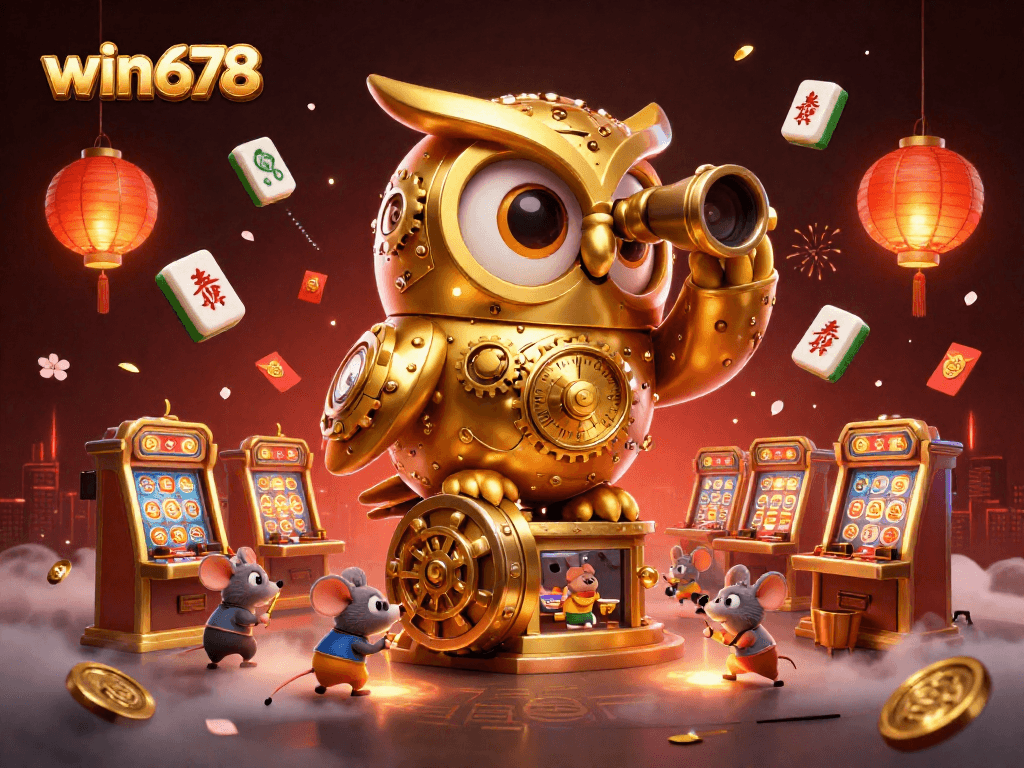 Experience the excitement of win678 with dynamic casino action featuring a golden owl and animated patrons.