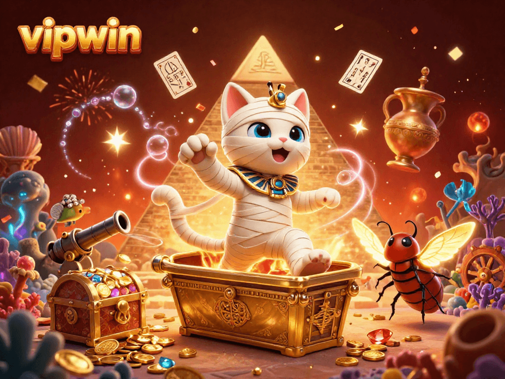 Experience thrilling gameplay with vipwin featuring a vibrant 3D scene of the mummy cat in a casino.